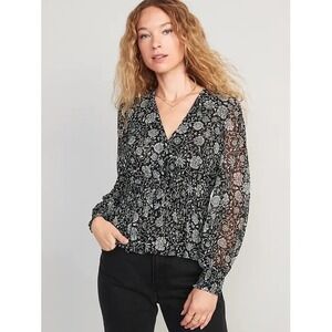 Old Navy Smocked Floral Blouse Size 3X Black Sheer Whimsigoth Lightweight Boho